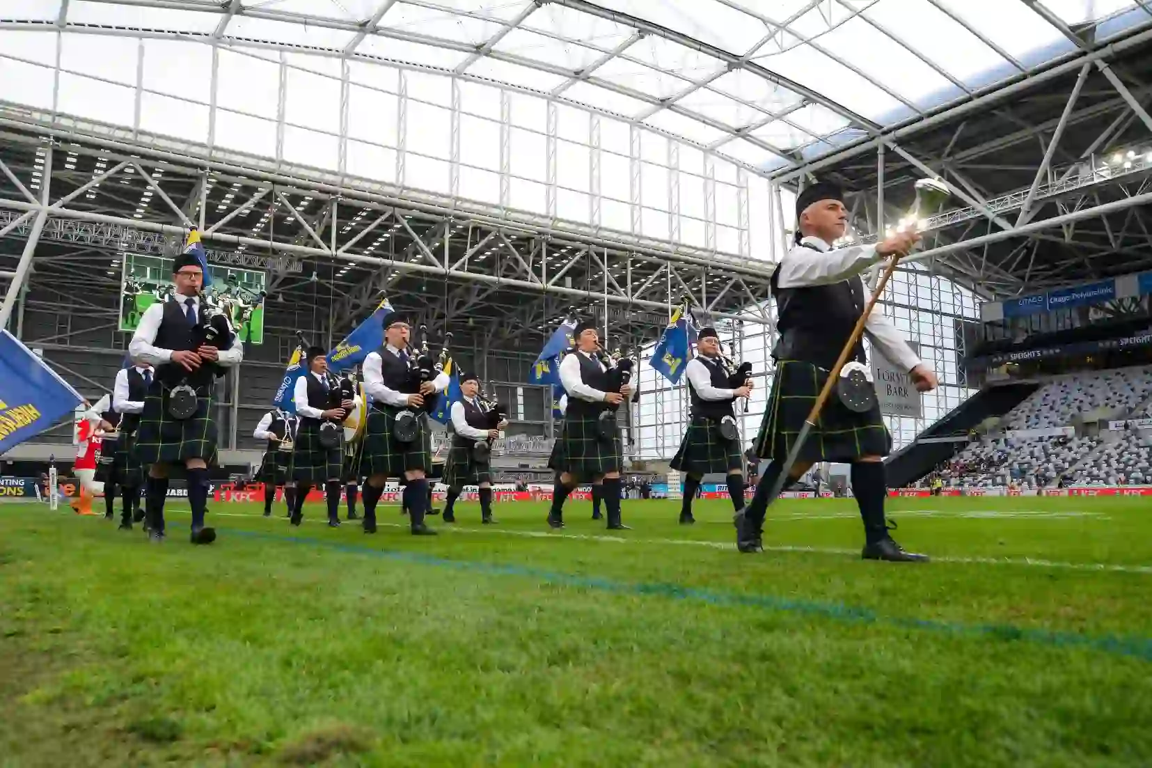 City of Dunedin Pipe Band performing in Forsyth Barr Stadium